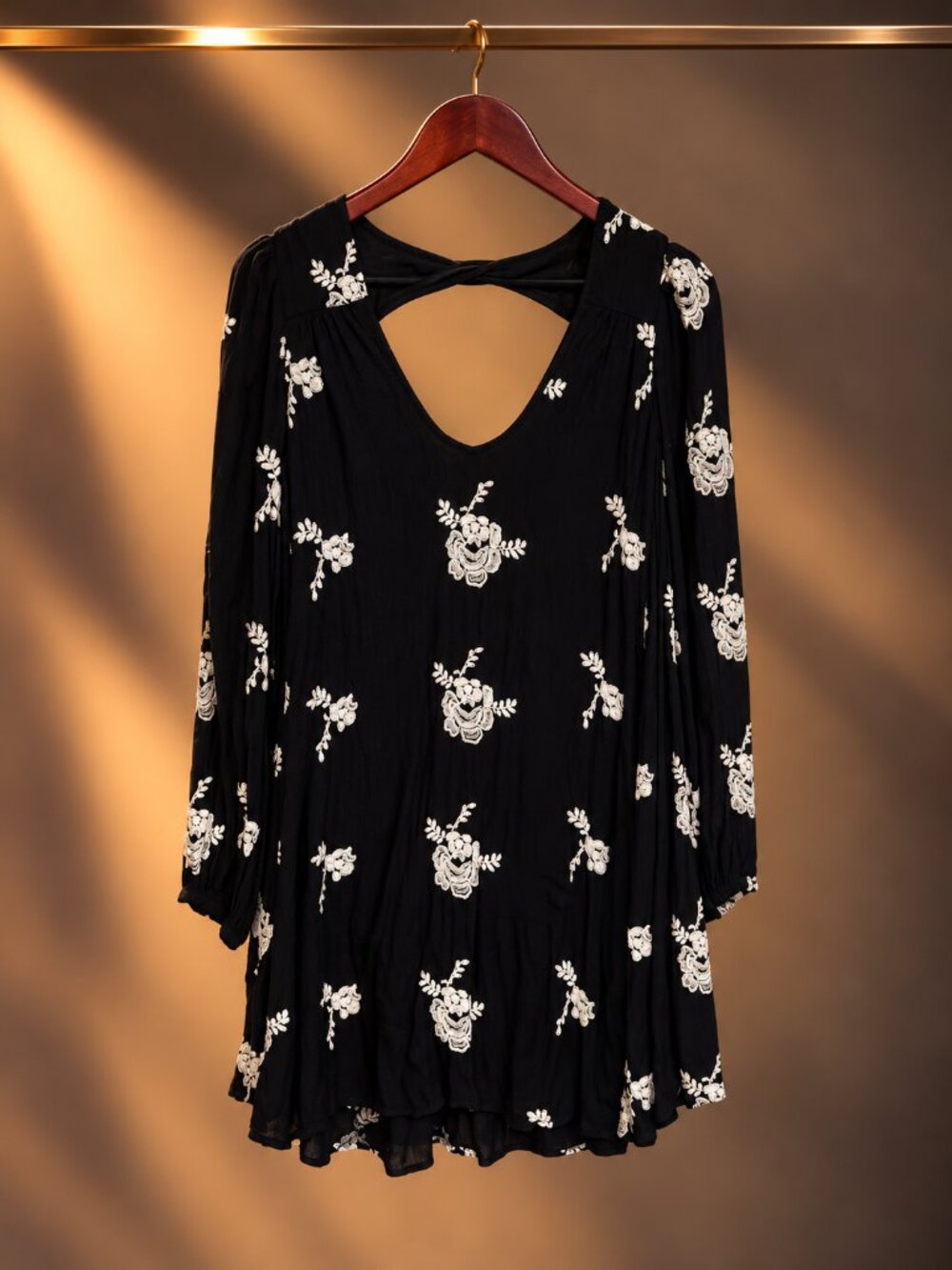Free People Emma Embroidered Swing Dress Black Ivory Floral Open Back Size S